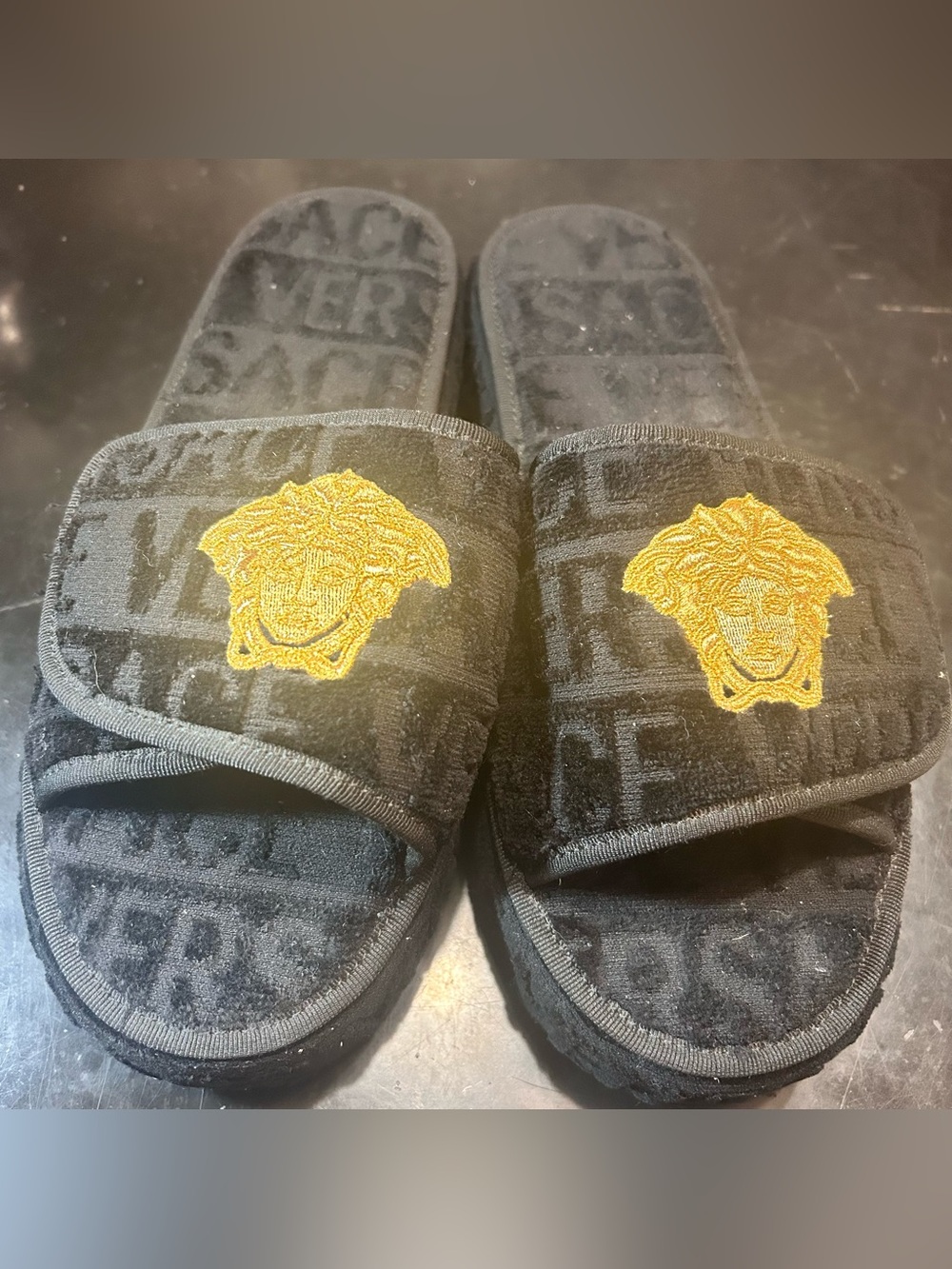 Sale- Versace Black Velour Slide Sandals with Gold Medusa Embroidery